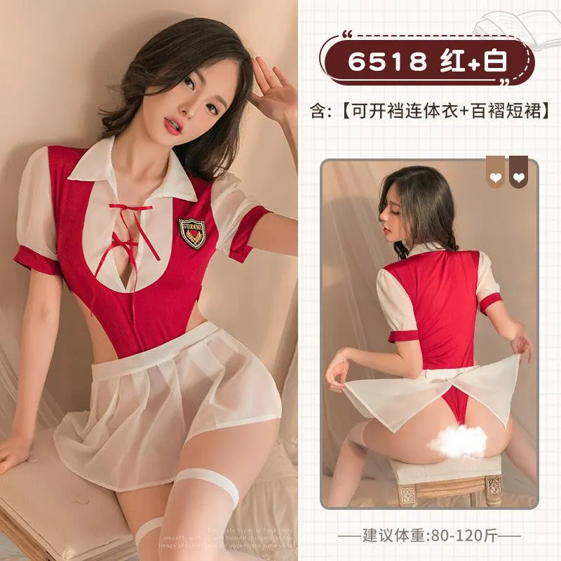 情趣内衣性感暗扣开裆纯欲学院风套装（code：B21）