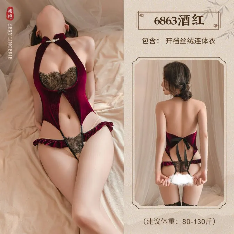 丝绒拼蕾丝开裆连体性感旗袍情趣内衣(code:C37)
