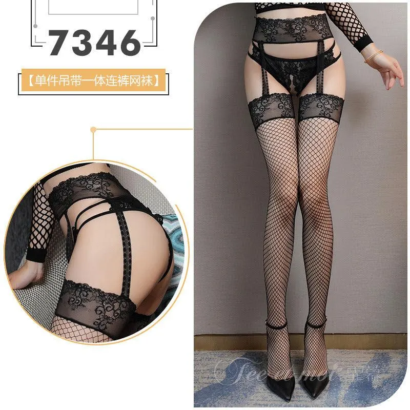 霏慕情趣内衣性感蕾丝边吊带一体连裤丝袜网袜（code：512）