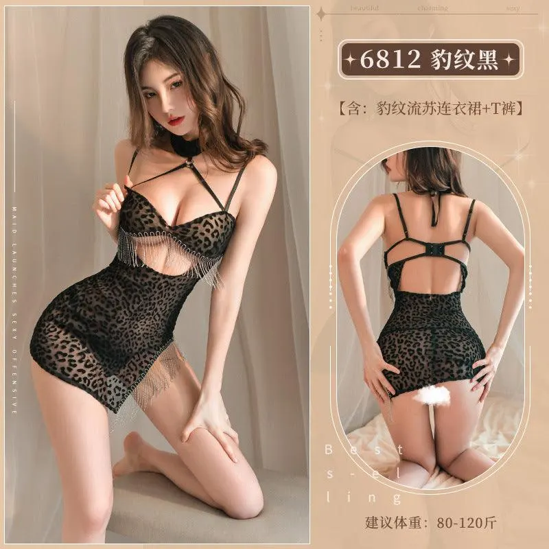情趣内衣豹纹诱惑挖空流苏纯欲激情连衣裙(code:G98)