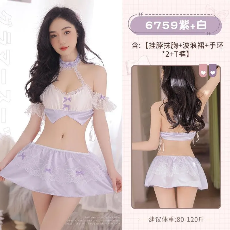 情趣内衣纯欲风花边饰颈分体套装（code：110）