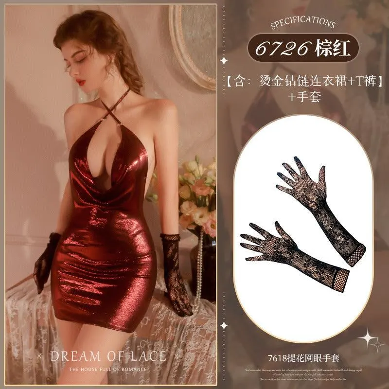 情趣内衣夜店烫金钻链饰腰性感连衣裙（CODE:C121）