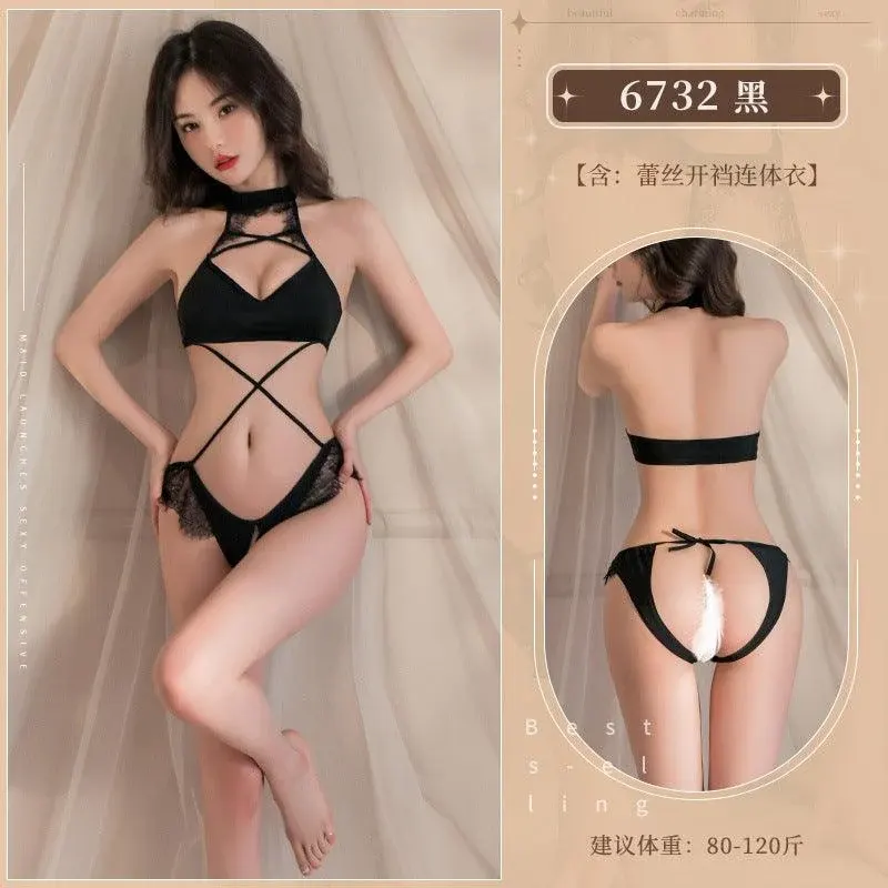 情趣内衣蕾丝点缀开裆露臀性感连体衣（CODE:G142）