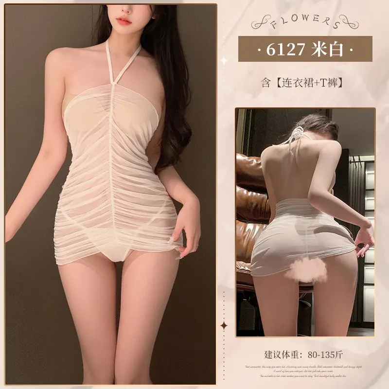 情趣内衣性格蜜乳暴击抽褶透视诱惑网纱睡裙（95-6127）