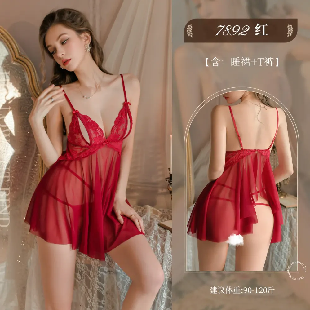 情趣内衣性感蕾丝柔纱睡裙透视露臀免脱（18）