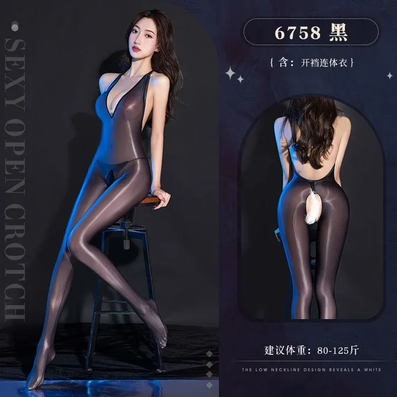 情趣内衣性感深V薄透油亮开裆连体衣（212）